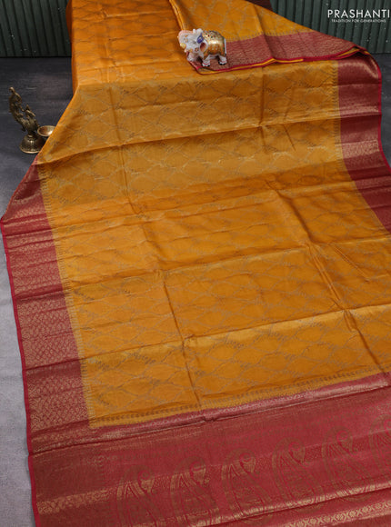 Banarasi tussar silk saree mustard yellow and maroon with allover thread & zari weaves and woven border