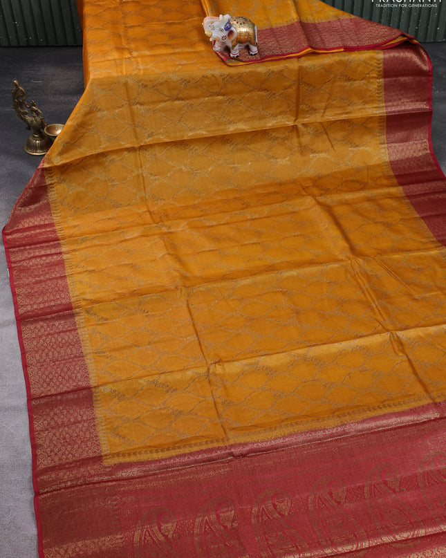 Banarasi tussar silk saree mustard yellow and maroon with allover thread & zari weaves and woven border