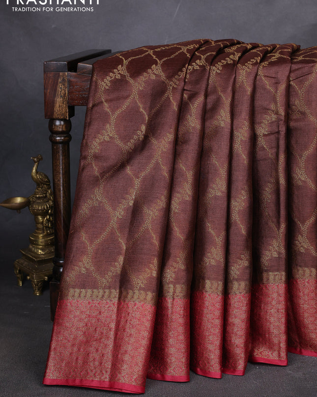Banarasi tussar silk saree brown and red with allover thread & zari weaves and woven border
