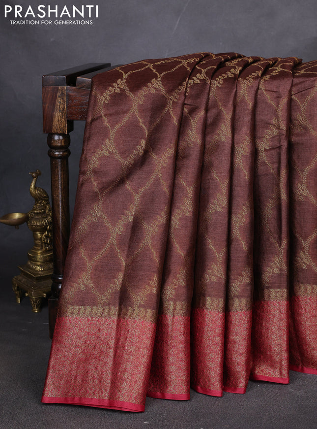 Banarasi tussar silk saree brown and red with allover thread & zari weaves and woven border