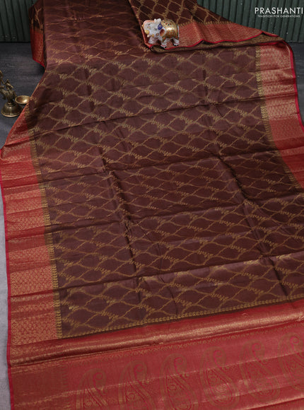 Banarasi tussar silk saree brown and red with allover thread & zari weaves and woven border