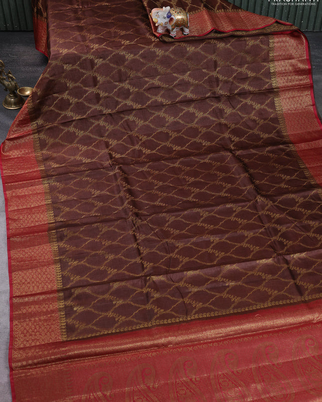 Banarasi tussar silk saree brown and red with allover thread & zari weaves and woven border