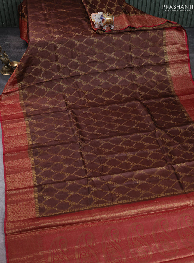 Banarasi tussar silk saree brown and red with allover thread & zari weaves and woven border