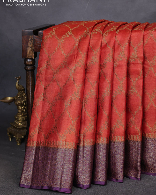Banarasi tussar silk saree rustic orange and deep purple with allover thread & zari weaves and woven border
