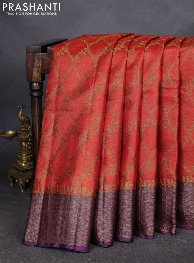 Banarasi tussar silk saree rustic orange and deep purple with allover thread & zari weaves and woven border