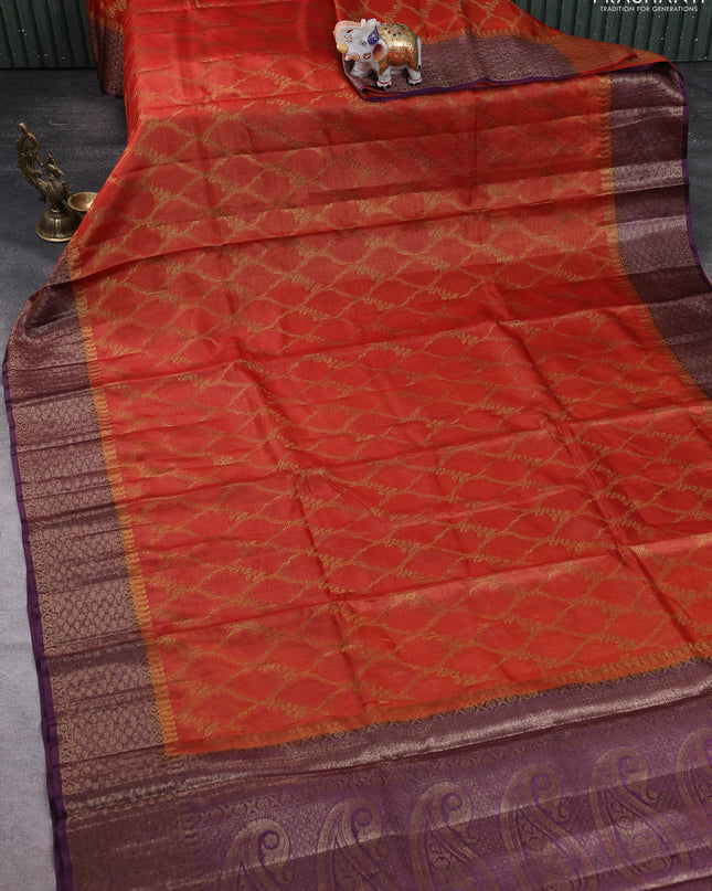 Banarasi tussar silk saree rustic orange and deep purple with allover thread & zari weaves and woven border