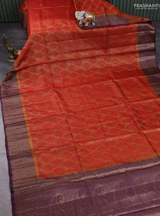 Banarasi tussar silk saree rustic orange and deep purple with allover thread & zari weaves and woven border