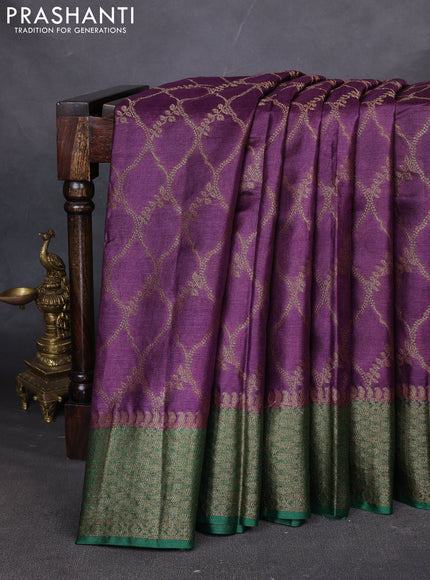 Banarasi tussar silk saree wine shade and green with allover thread & zari weaves and woven border