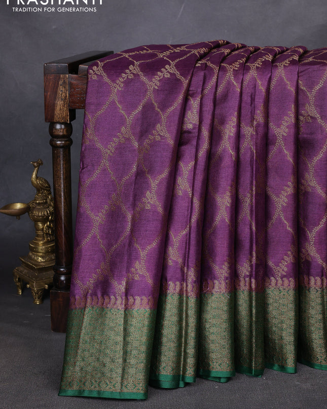 Banarasi tussar silk saree wine shade and green with allover thread & zari weaves and woven border