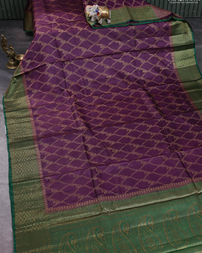 Banarasi tussar silk saree wine shade and green with allover thread & zari weaves and woven border