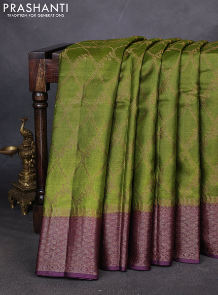 Banarasi tussar silk saree mehendi green and wine shade with allover thread & zari weaves and woven border