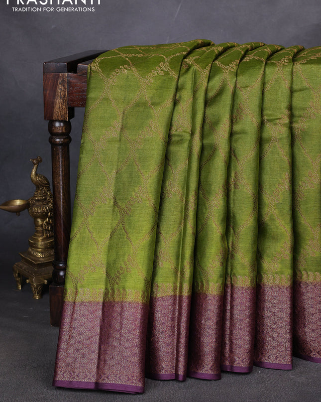 Banarasi tussar silk saree mehendi green and wine shade with allover thread & zari weaves and woven border