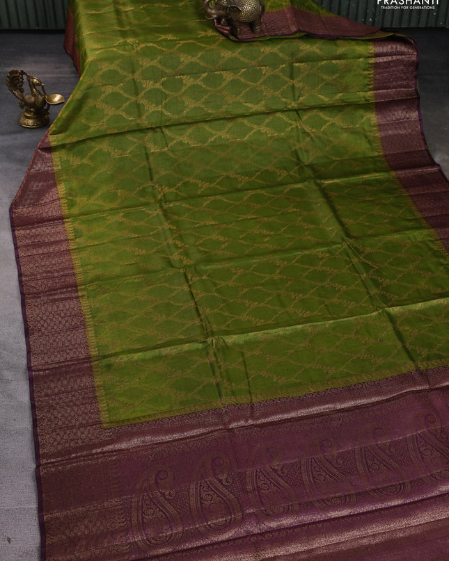 Banarasi tussar silk saree mehendi green and wine shade with allover thread & zari weaves and woven border