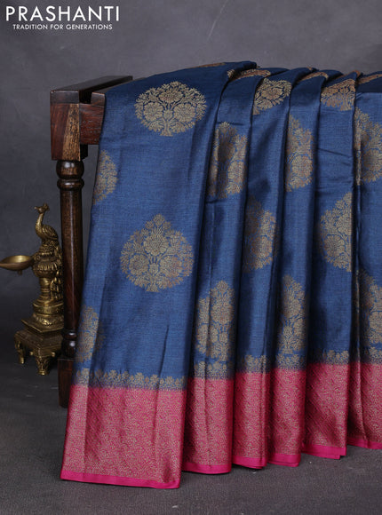 Banarasi tussar silk saree peacock blue and magenta pink with thread & zari woven buttas and woven border