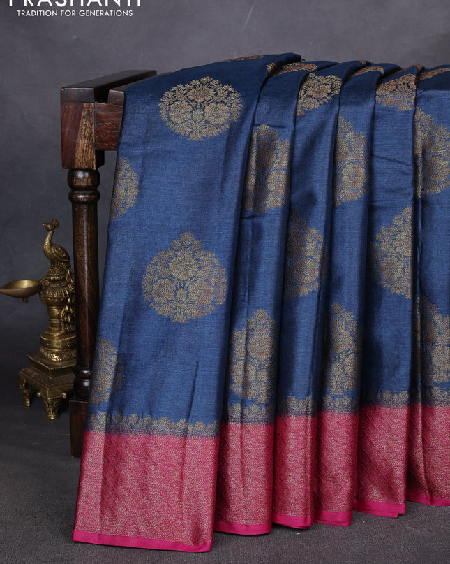 Banarasi tussar silk saree peacock blue and magenta pink with thread & zari woven buttas and woven border
