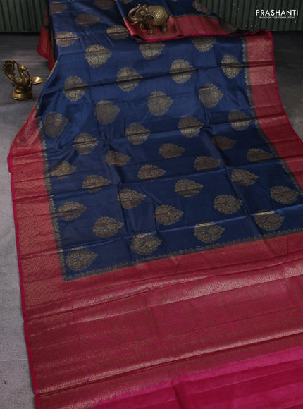 Banarasi tussar silk saree peacock blue and magenta pink with thread & zari woven buttas and woven border
