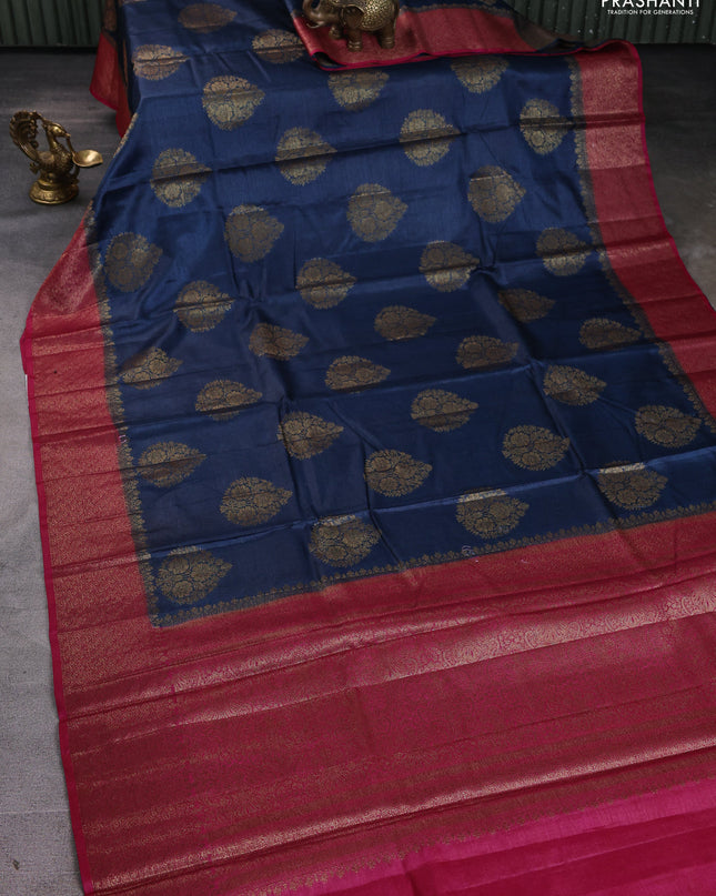 Banarasi tussar silk saree peacock blue and magenta pink with thread & zari woven buttas and woven border