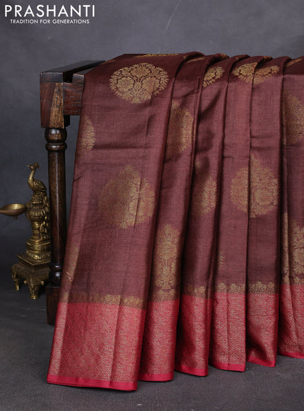Banarasi tussar silk saree brown and maroon with thread & zari woven buttas and woven border