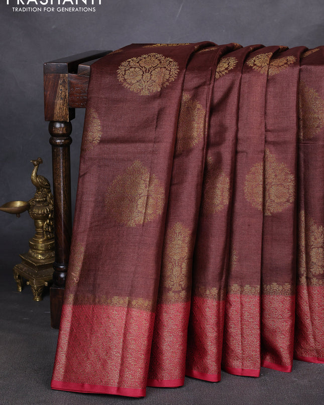 Banarasi tussar silk saree brown and maroon with thread & zari woven buttas and woven border