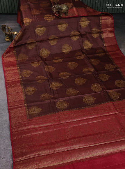 Banarasi tussar silk saree brown and maroon with thread & zari woven buttas and woven border