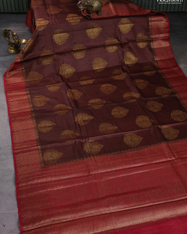 Banarasi tussar silk saree brown and maroon with thread & zari woven buttas and woven border
