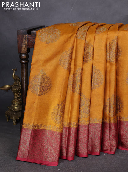 Banarasi tussar silk saree mustard yellow and maroon with thread & zari woven buttas and woven border