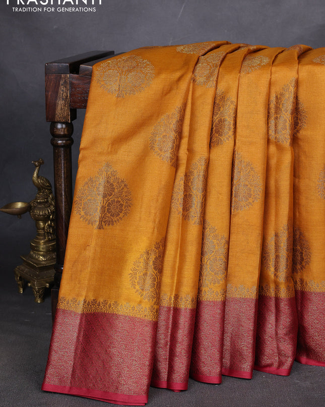 Banarasi tussar silk saree mustard yellow and maroon with thread & zari woven buttas and woven border