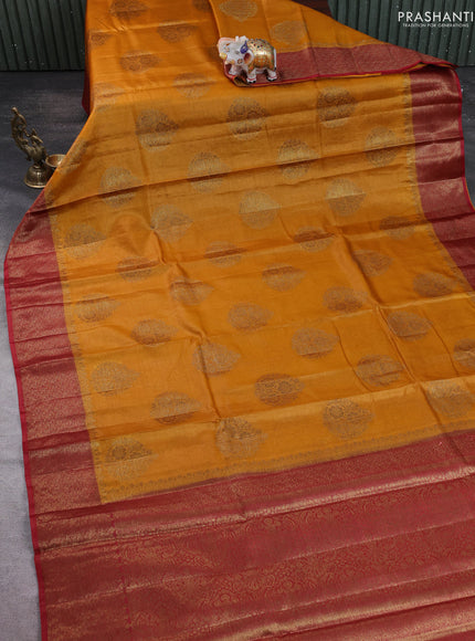 Banarasi tussar silk saree mustard yellow and maroon with thread & zari woven buttas and woven border