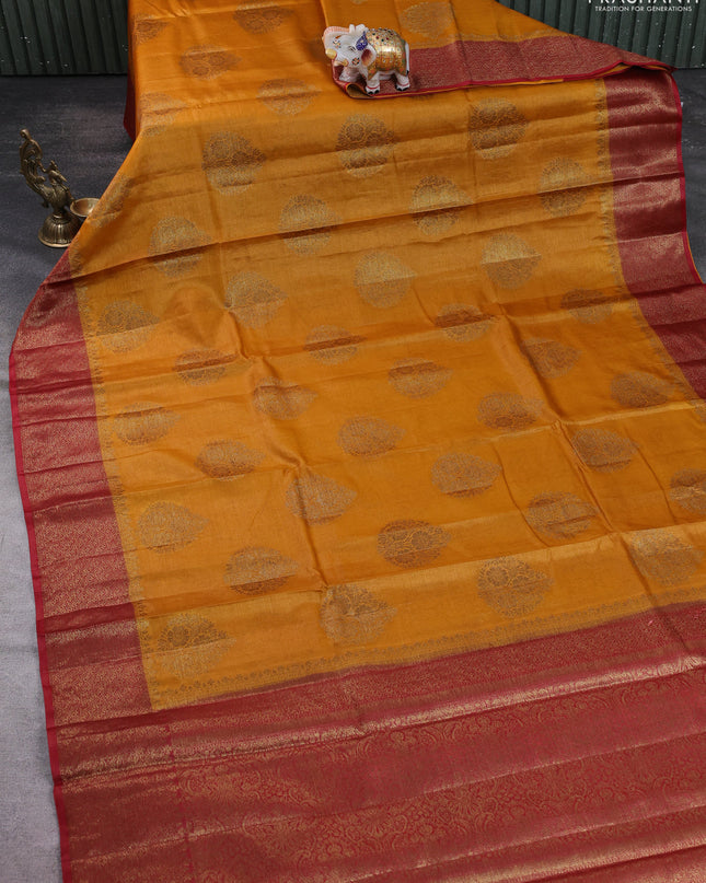 Banarasi tussar silk saree mustard yellow and maroon with thread & zari woven buttas and woven border