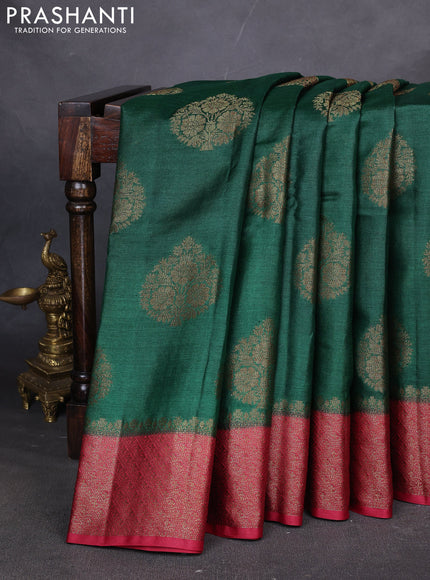 Banarasi tussar silk saree green and kumkum red with thread & zari woven buttas and woven border
