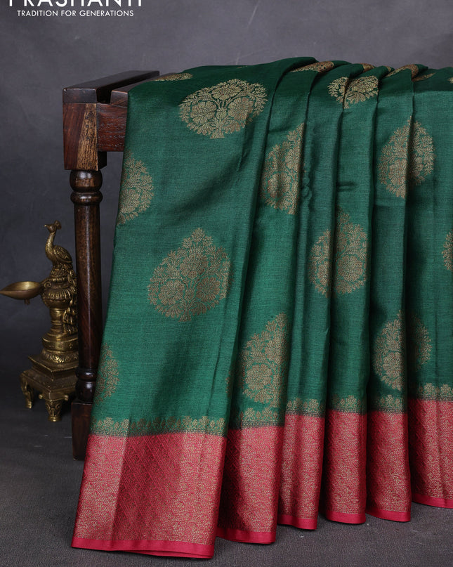 Banarasi tussar silk saree green and kumkum red with thread & zari woven buttas and woven border