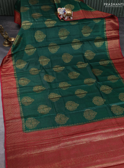 Banarasi tussar silk saree green and kumkum red with thread & zari woven buttas and woven border