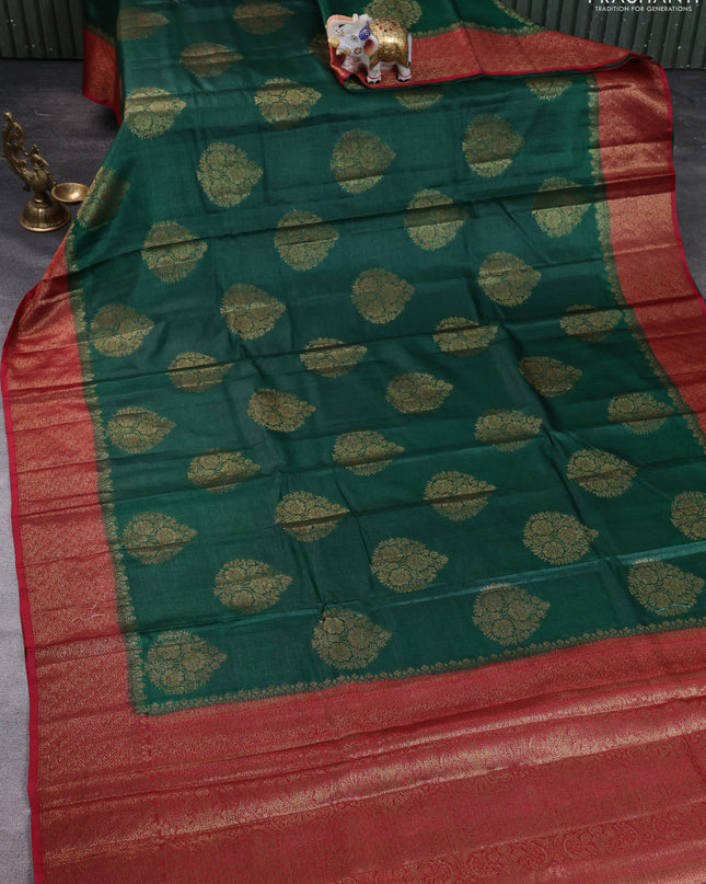 Banarasi tussar silk saree green and kumkum red with thread & zari woven buttas and woven border