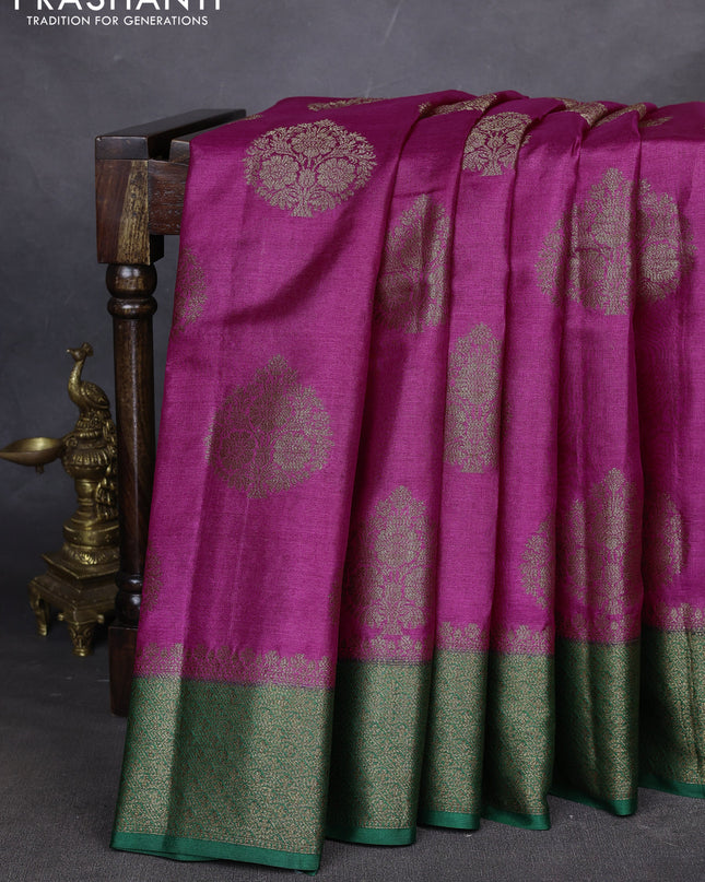 Banarasi tussar silk saree pink and green with thread & zari woven buttas and woven border