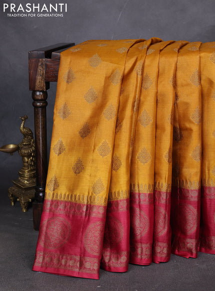 Banarasi tussar silk saree mustard yellow and maroon with thread & zari woven buttas and woven border