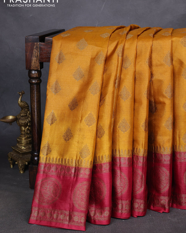 Banarasi tussar silk saree mustard yellow and maroon with thread & zari woven buttas and woven border