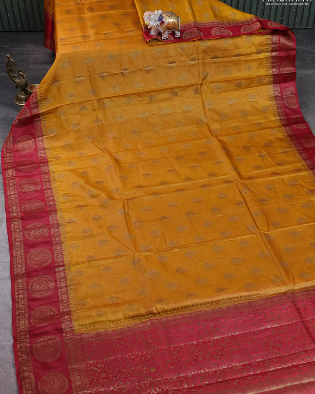 Banarasi tussar silk saree mustard yellow and maroon with thread & zari woven buttas and woven border