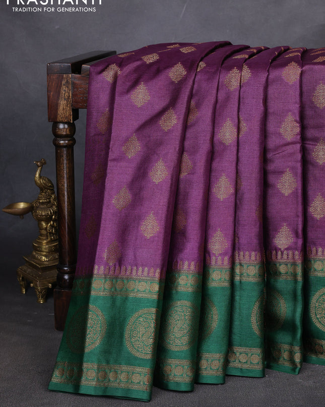 Banarasi tussar silk saree wine shade and green with thread & zari woven buttas and woven border