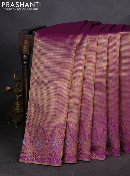 Pure kanchipuram silk saree purple with allover zari woven brocade weaves and temple design zari woven border