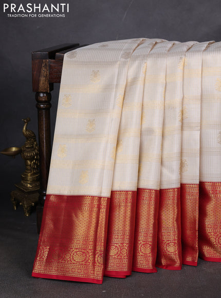 Pure kanchipuram silk saree cream and red with allover zari checks & butta weaves and rich zari woven border