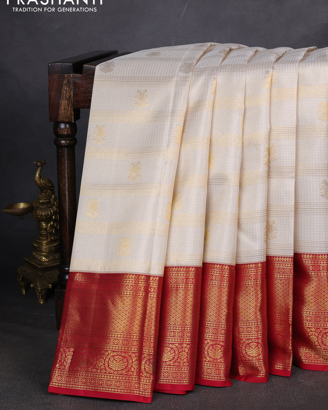 Pure kanchipuram silk saree cream and red with allover zari checks & butta weaves and rich zari woven border