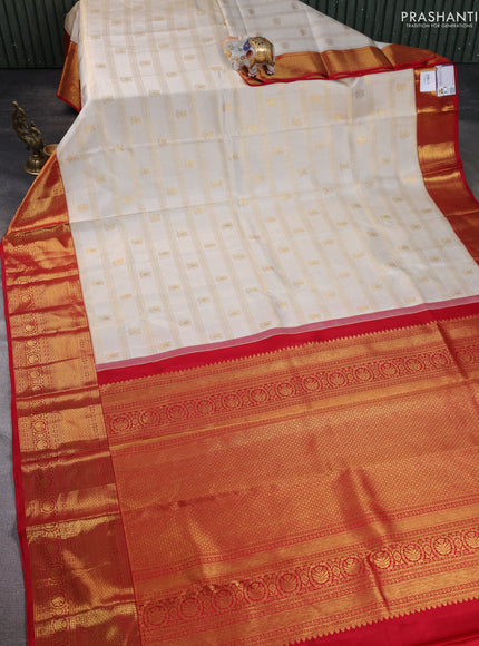 Pure kanchipuram silk saree cream and red with allover zari checks & butta weaves and rich zari woven border