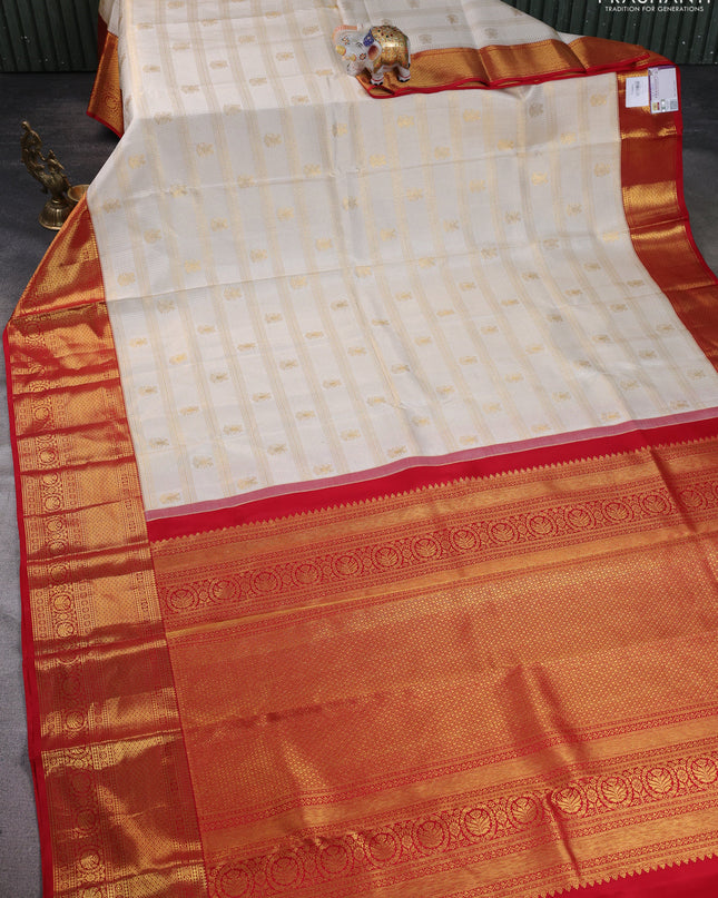 Pure kanchipuram silk saree cream and red with allover zari checks & butta weaves and rich zari woven border