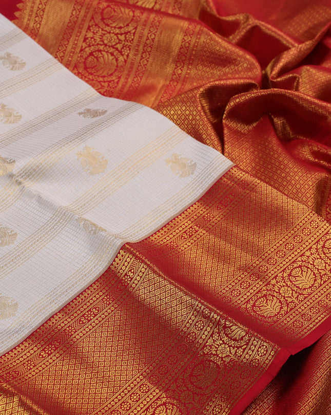 Pure kanchipuram silk saree cream and red with allover zari checks & butta weaves and rich zari woven border