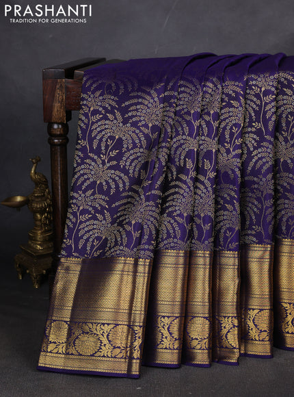 Pure kanchipuram silk saree dark blue with allover silver & gold zari woven brocade weaves and long zari woven border