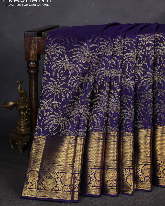 Pure kanchipuram silk saree dark blue with allover silver & gold zari woven brocade weaves and long zari woven border