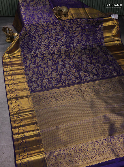 Pure kanchipuram silk saree dark blue with allover silver & gold zari woven brocade weaves and long zari woven border