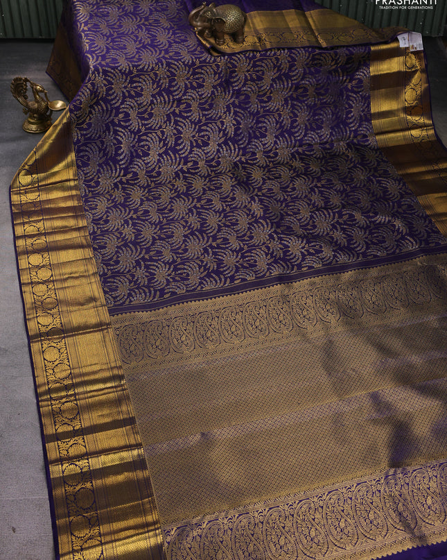 Pure kanchipuram silk saree dark blue with allover silver & gold zari woven brocade weaves and long zari woven border