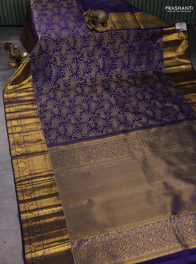Pure kanchipuram silk saree dark blue with allover silver & gold zari woven brocade weaves and long zari woven border