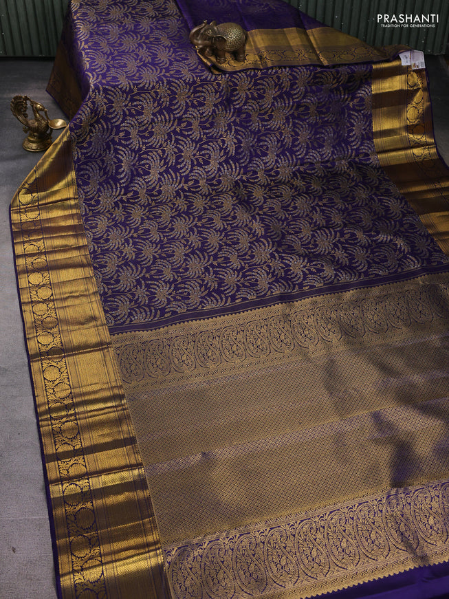 Pure kanchipuram silk saree dark blue with allover silver & gold zari woven brocade weaves and long zari woven border